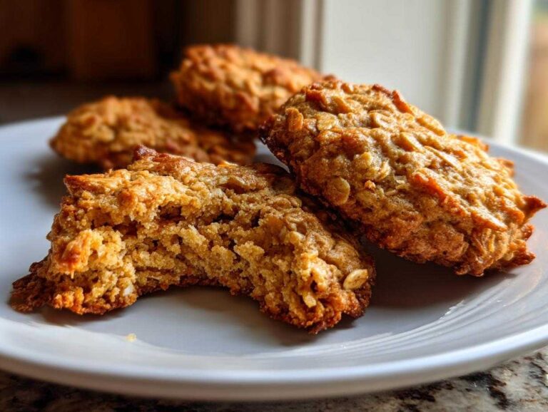 A close-up of several golden brown, textured breakfast cookie halves piled on a white plate, showing the oat texture.