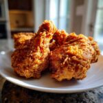 Close-up of several pieces of perfectly golden brown, crispy fried chicken resting on a white plate.