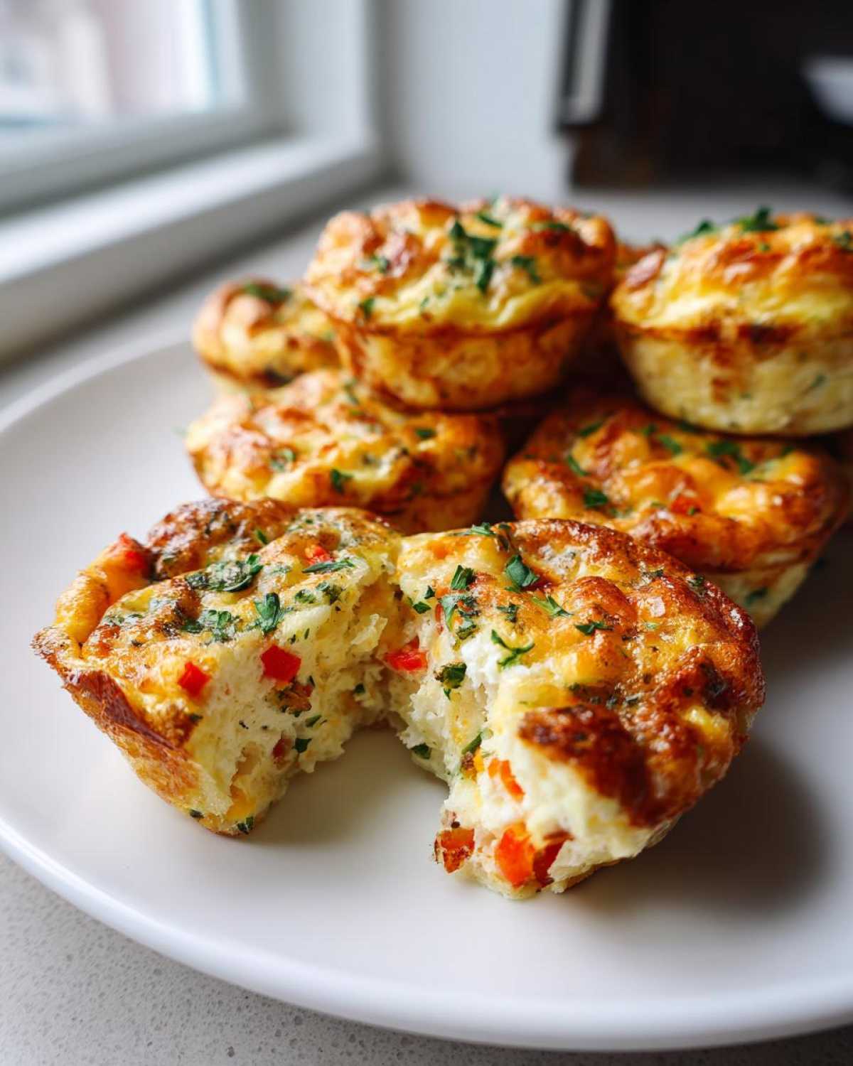 A plate of golden brown Egg Muffin Cups, one is broken open showing red peppers inside.