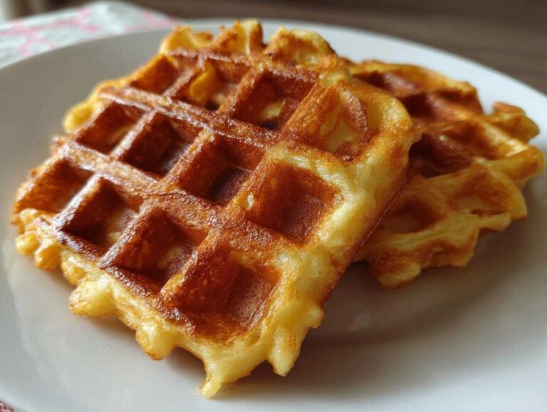 Close-up of two golden brown, fluffy high protein waffles stacked slightly on a white plate.