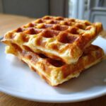 Close-up of two golden brown, fluffy high protein waffles stacked on a white plate.