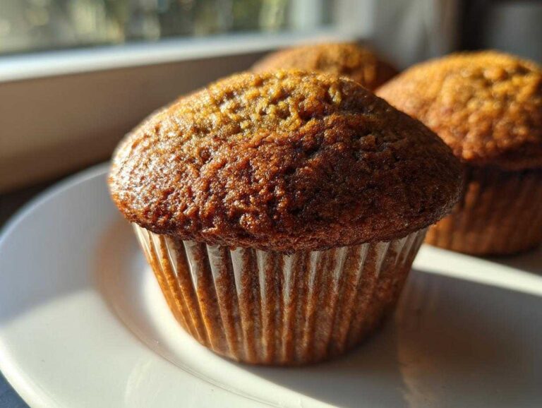 Close-up of a freshly baked, dark golden honey bran muffin sitting on a white plate with two others blurred in the background.