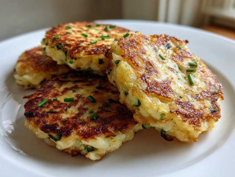 A stack of four golden brown, pan-fried mashed potato cakes garnished with fresh green chives on a white plate.