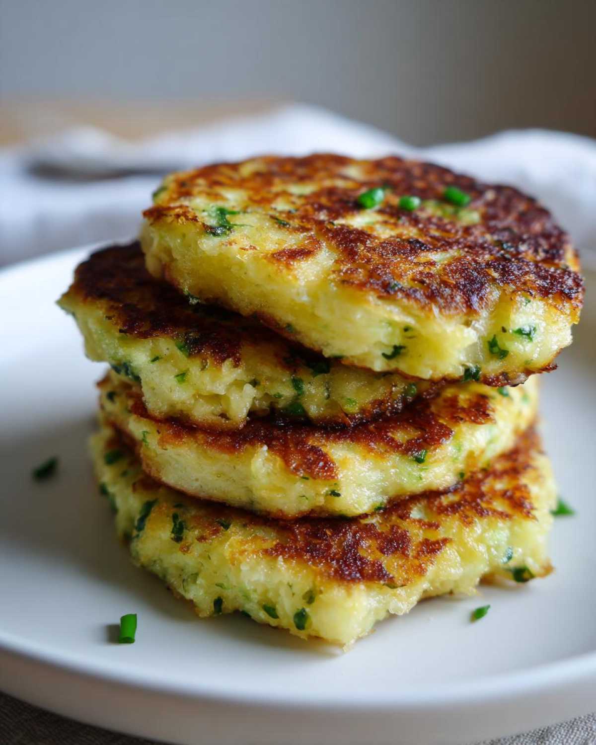 A vertical stack of four golden brown, pan-fried mashed potato cakes garnished with fresh green chives.
