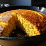 Close-up of golden brown skillet cornbread in a cast iron pan with one slice cut out.