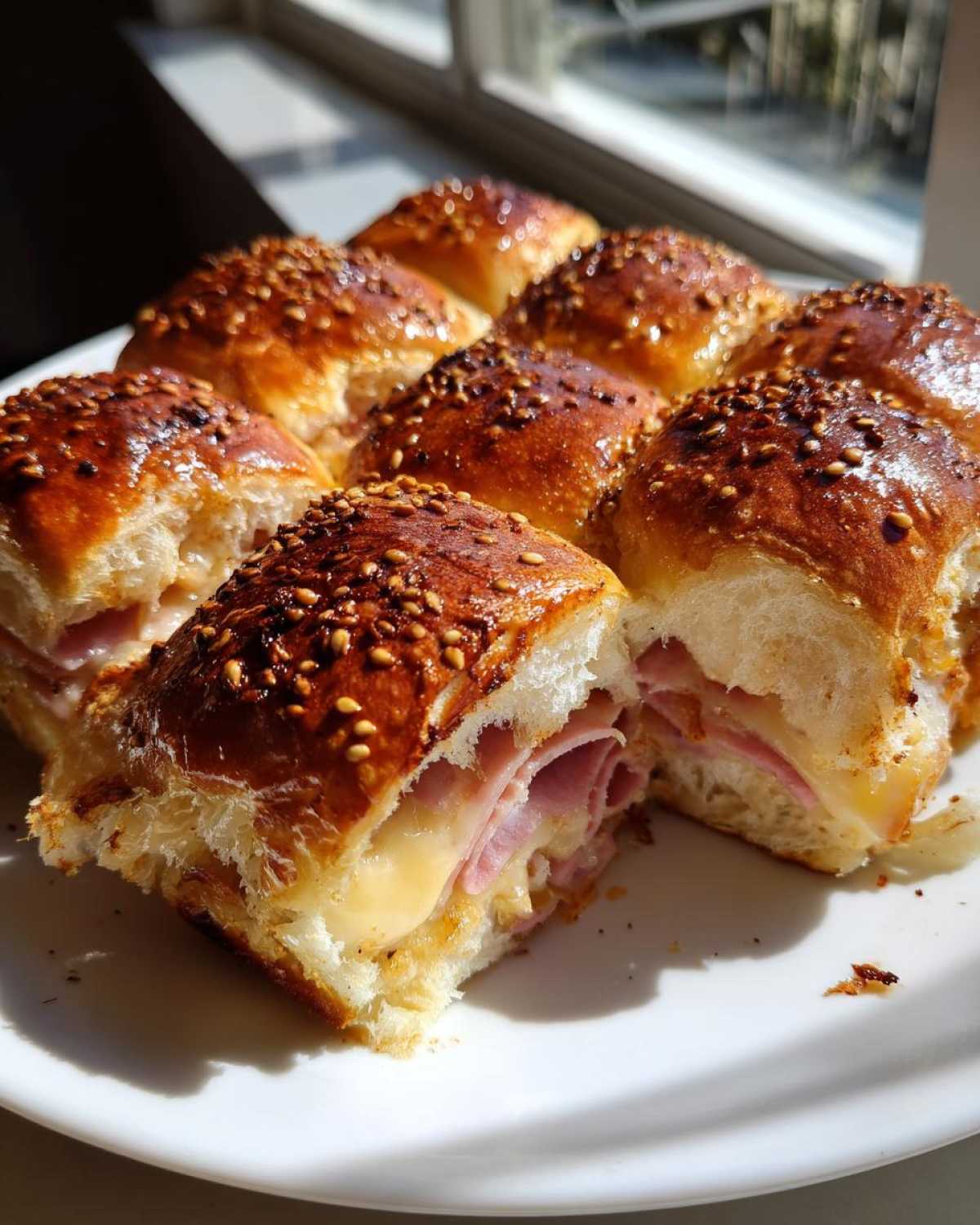 A plate of freshly baked Ham and Cheese Sliders, cut open to show melted cheese and ham inside the sesame seed buns.