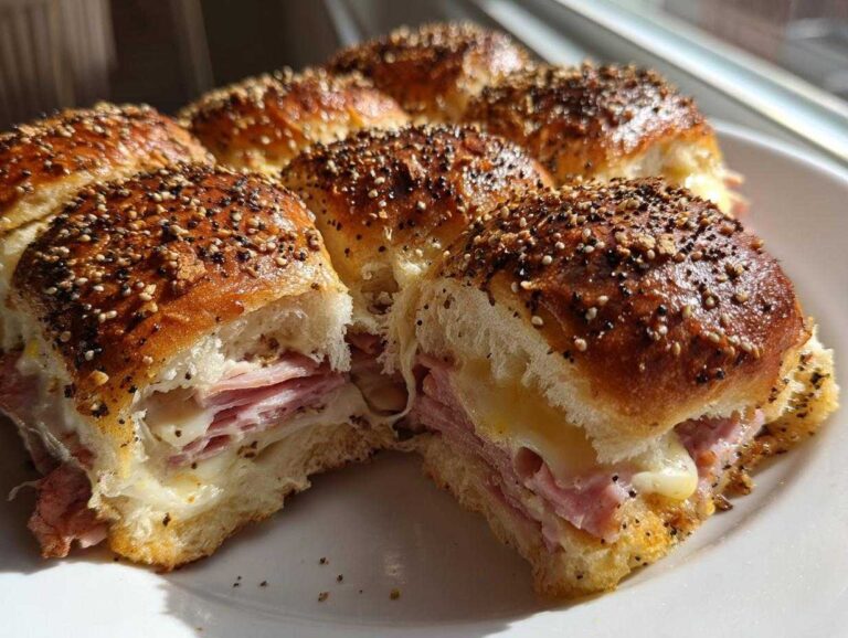 Close-up of gooey Ham and Cheese Sliders with melted cheese and everything bagel seasoning on top.