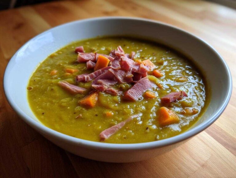 Close-up of a thick, yellow-green pea soup topped with diced ham and carrots in a white bowl.