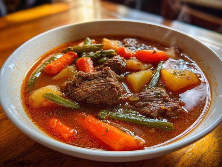 Close-up of a steaming bowl of rich vegetable beef soup featuring tender beef chunks, carrots, potatoes, and green beans.