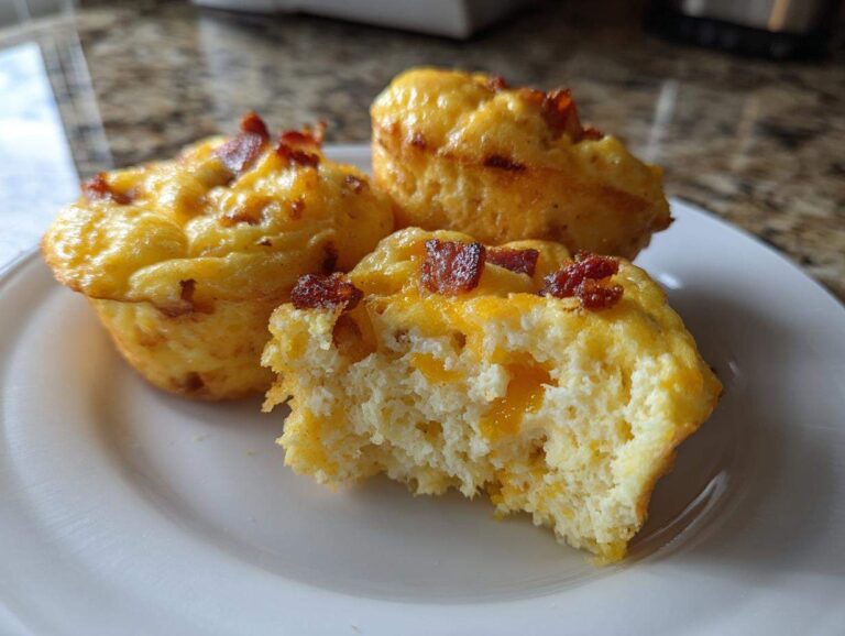 Amazing 12-Minute High-Protein egg bites Three fluffy, high-protein egg bites topped with melted cheddar and bacon bits, one is bitten into, showing the texture of the egg bites.