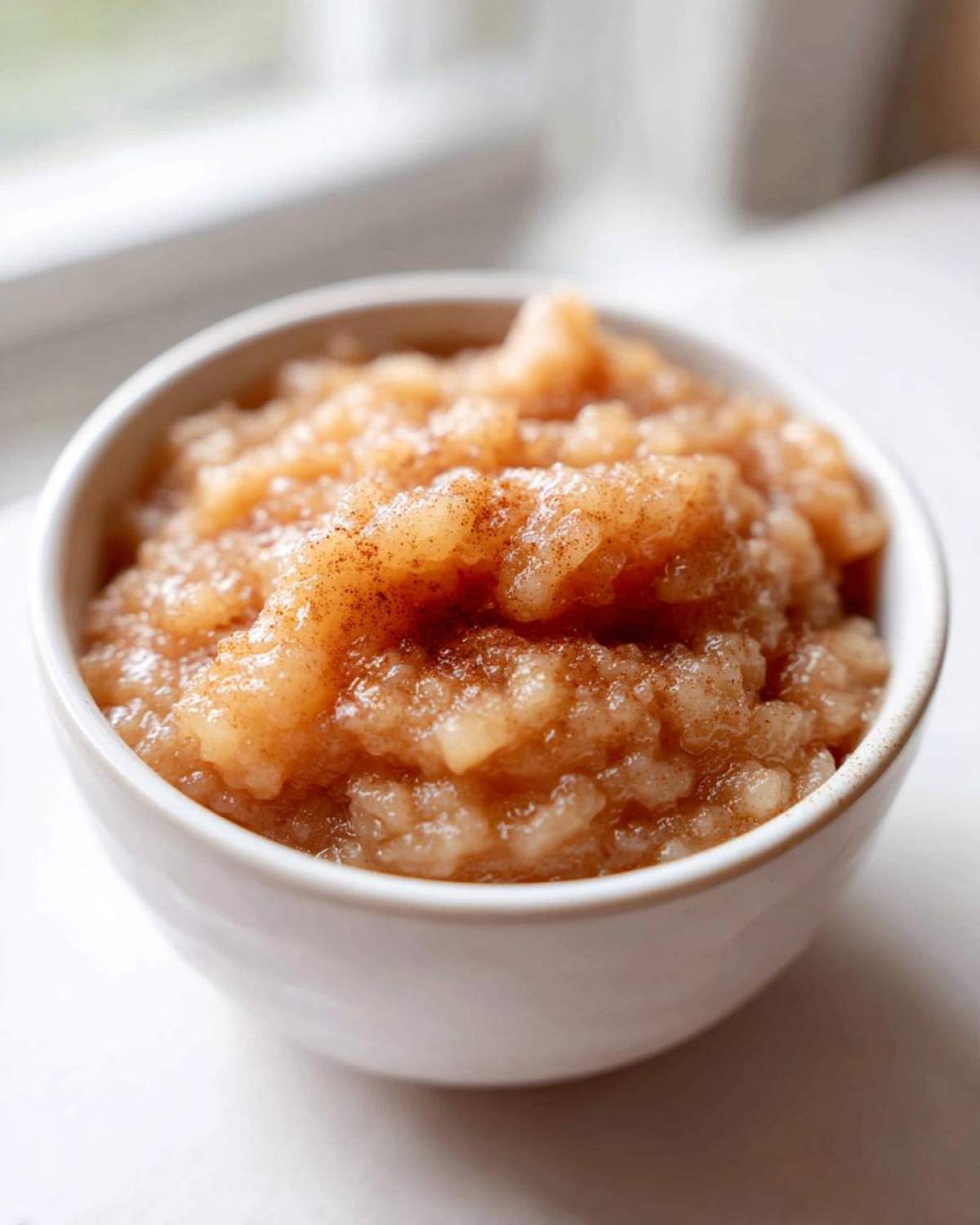 Close-up of chunky homemade applesauce sprinkled with cinnamon in a small white bowl.