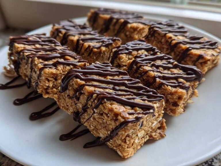 Close-up of several homemade protein bars made with oats and drizzled generously with dark chocolate.
