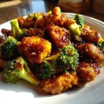 Close-up of crispy chicken pieces coated in glossy honey garlic sauce mixed with bright green broccoli florets.