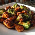 Close-up of glazed honey garlic chicken and broccoli pieces served on a white rectangular plate.