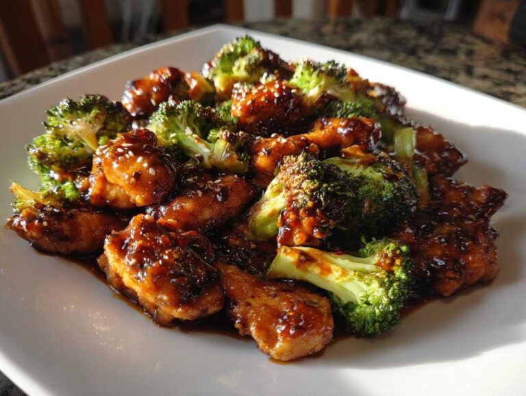 Close-up of glazed honey garlic chicken and broccoli pieces served on a white rectangular plate.