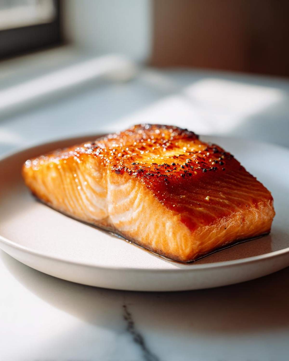 Close-up of a perfectly cooked, glazed salmon fillet seasoned with pepper, ready to eat.