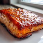 Close-up of a perfectly cooked salmon fillet with a thick, shiny honey garlic glaze.