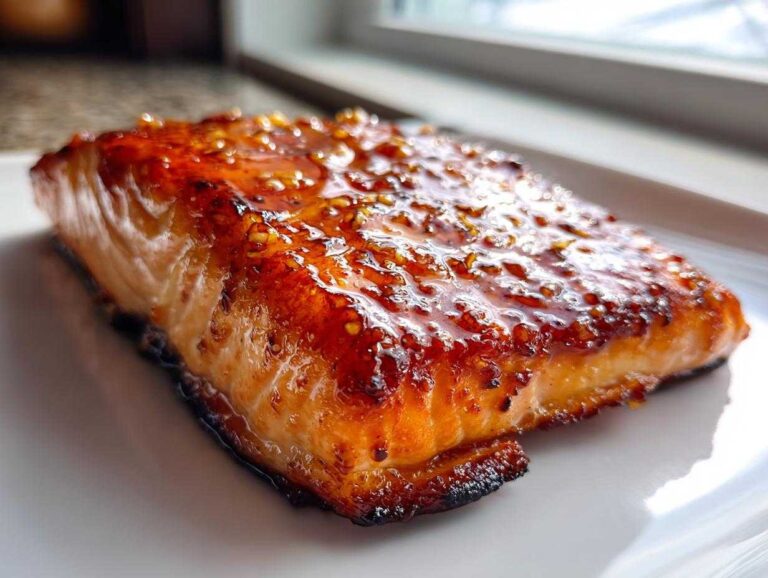 Close-up of a perfectly cooked salmon fillet with a thick, shiny honey garlic glaze.