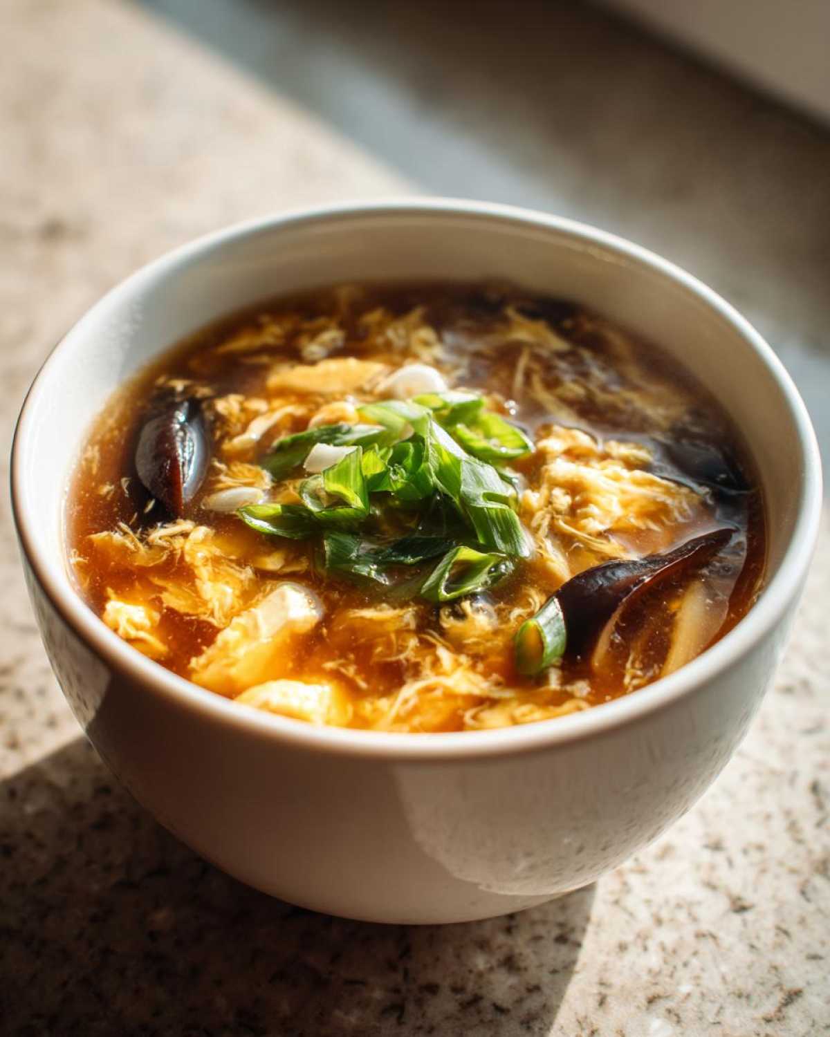 A close-up of a white bowl filled with rich, dark broth of hot and sour soup recipe, topped with green onions.