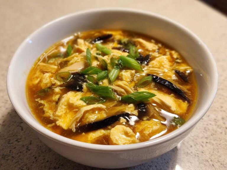 A close-up of a white bowl filled with steaming hot and sour soup recipe, featuring egg ribbons and green onions.