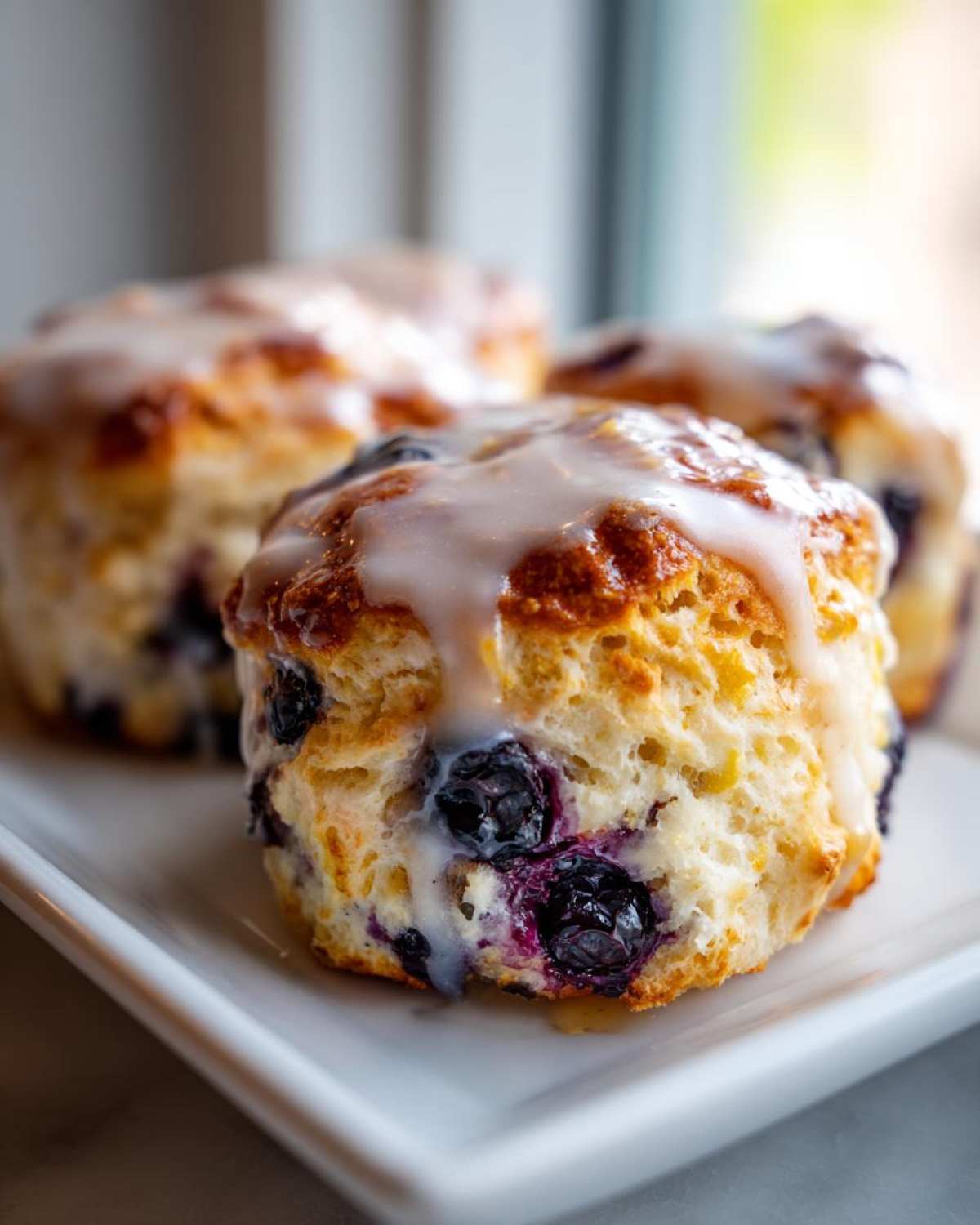Close-up of a freshly baked, golden blueberry scones topped with a thick vanilla glaze.