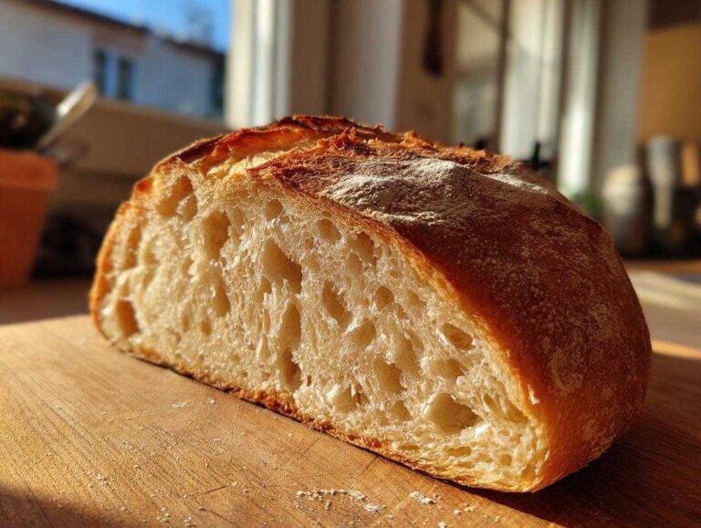 Close-up of a freshly baked Italian bread loaf, showing the open, airy crumb structure and golden crust.