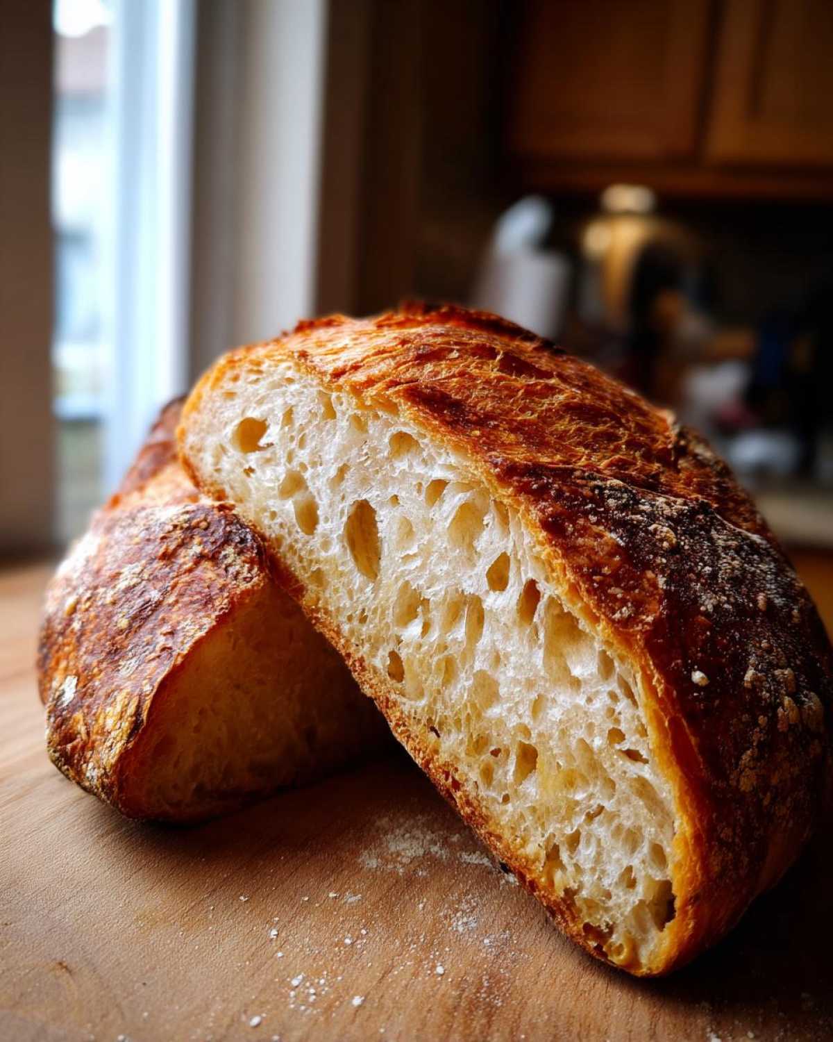 Cross-section of freshly baked Italian bread showing a beautiful open, airy crumb and a dark, crispy crust.