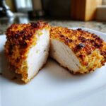 Cross-section of juicy air fryer chicken breast showing white meat and a thick, golden-brown crispy coating.
