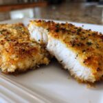 Close-up of juicy air fryer chicken breast cut in half showing white meat and crispy breading.