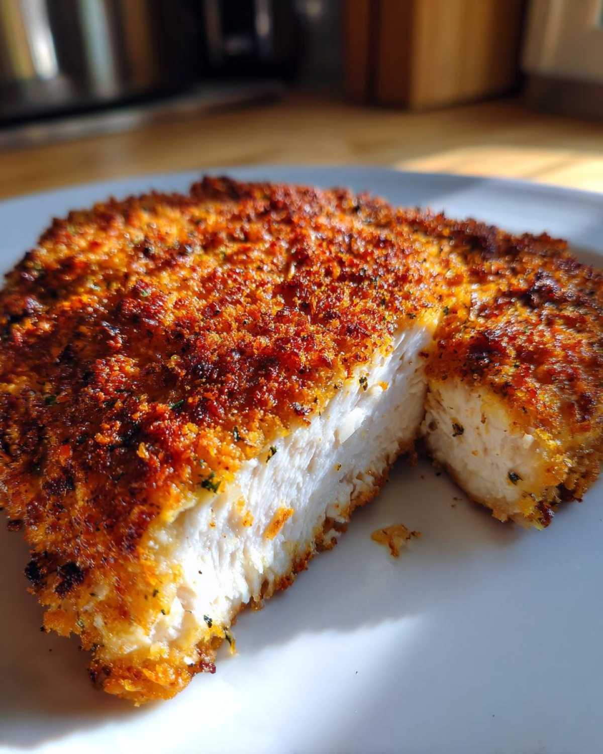 Close-up of a perfectly cooked air fryer chicken breast, showing a juicy white interior and a very crispy, browned breadcrumb coating.