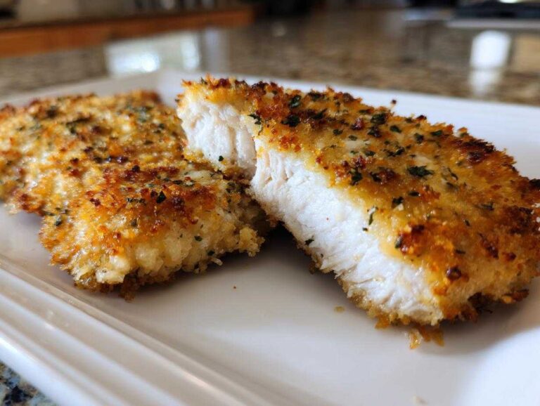 Close-up of juicy air fryer chicken breast cut in half showing white meat and crispy breading.