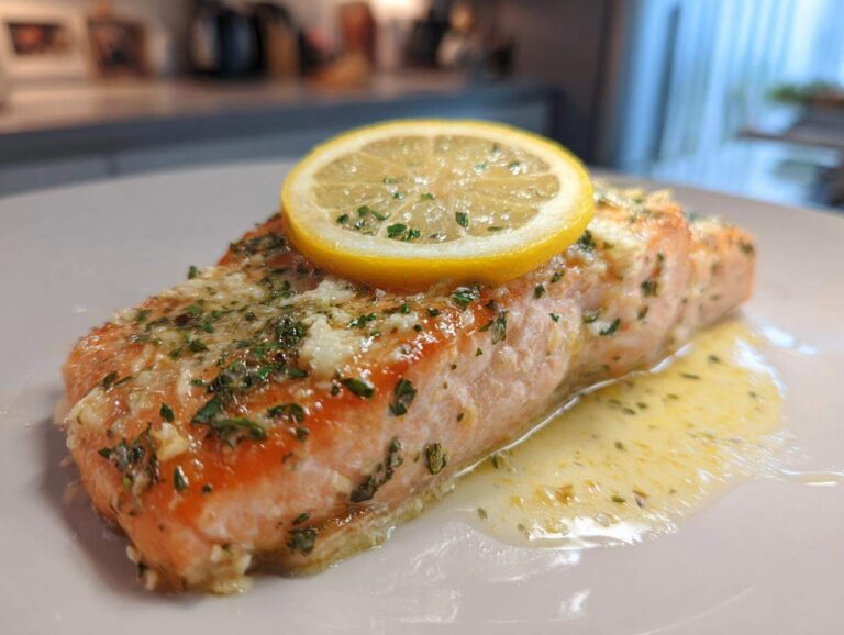 Close-up of a perfectly cooked piece of baked salmon recipe topped with garlic, parsley, and a lemon slice.