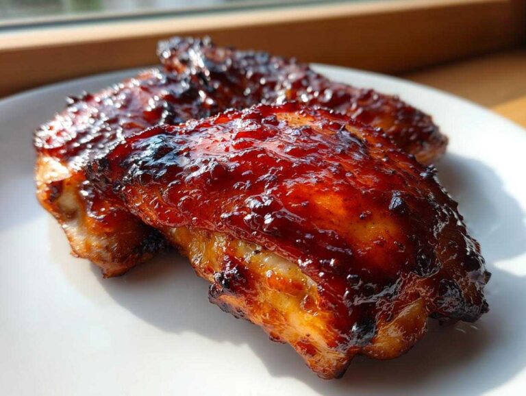 Close-up of two juicy bbq chicken wings covered in a thick, glossy, caramelized sauce on a white plate.