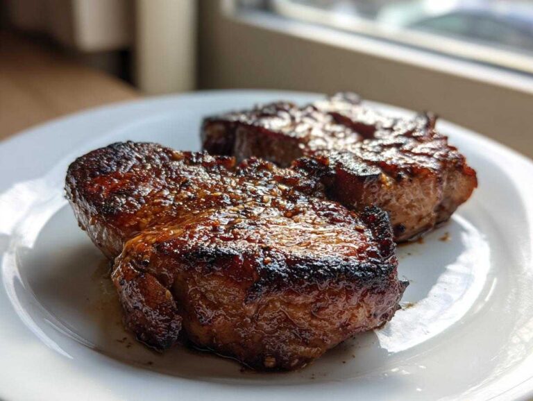 Two perfectly seared and glazed pork steak cuts resting on a white plate, showcasing a rich brown crust.