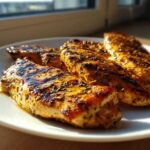 Four pieces of perfectly grilled, golden-brown greek chicken breasts seasoned with herbs, resting on a white plate.