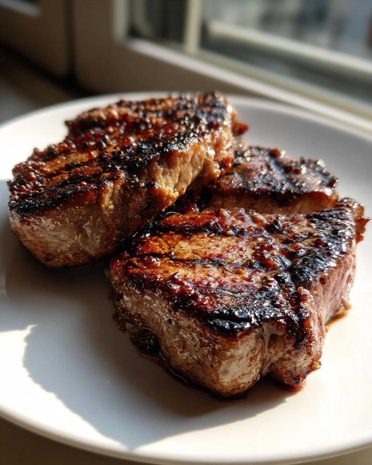 Three perfectly grilled and caramelized pork steak cuts resting on a white plate.