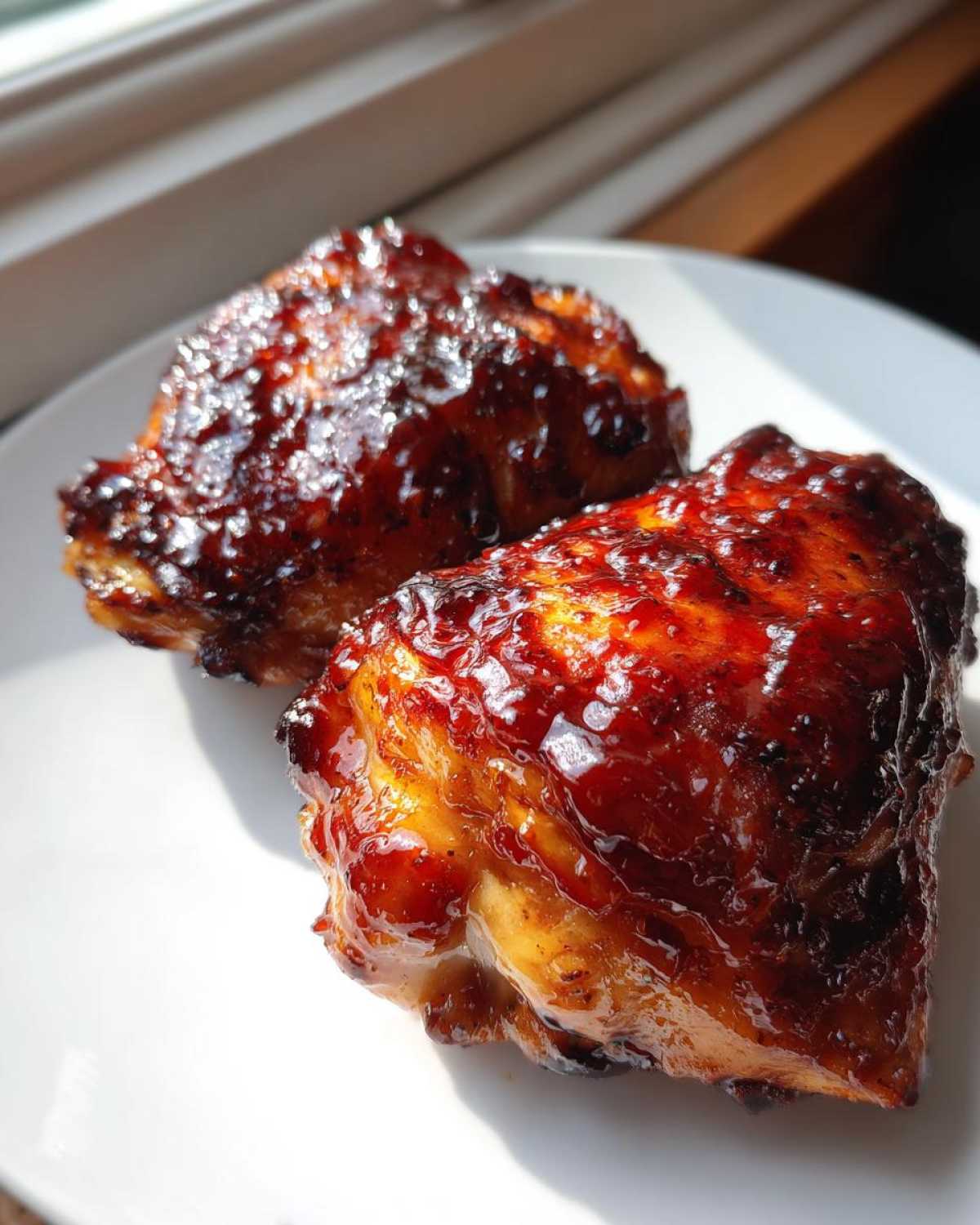 Two pieces of juicy bbq chicken coated in a thick, glossy sauce resting on a white plate.