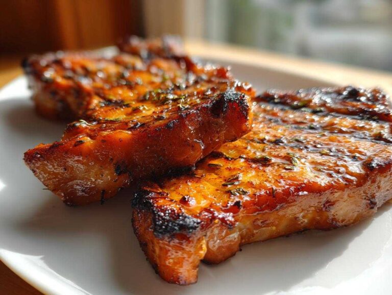 Close-up of two glazed, grilled pork chops seasoned with herbs, showing the results of the best marinade for pork chops.