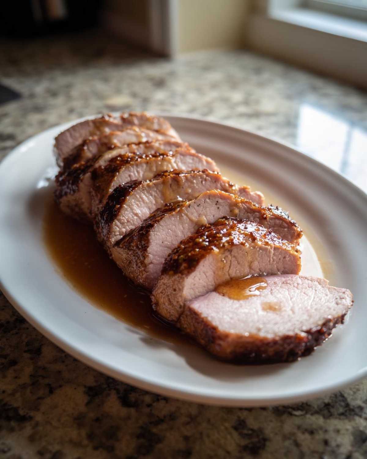 Close-up of a perfectly cooked and sliced pork loin roast resting in its juices on a white platter.