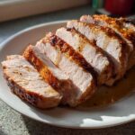 Close-up of thick slices of juicy pork loin roast showing a perfectly cooked interior and caramelized crust.