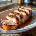 Close-up of thick, juicy slices of seasoned pork loin roast resting in pan juices on a white plate.
