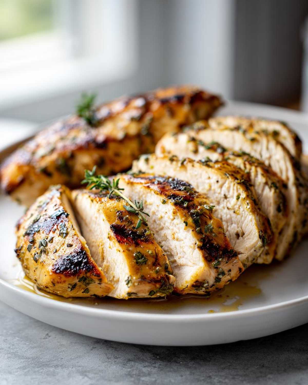 Close-up of sliced, juicy greek chicken breasts seasoned with herbs and resting in pan juices on a white plate.