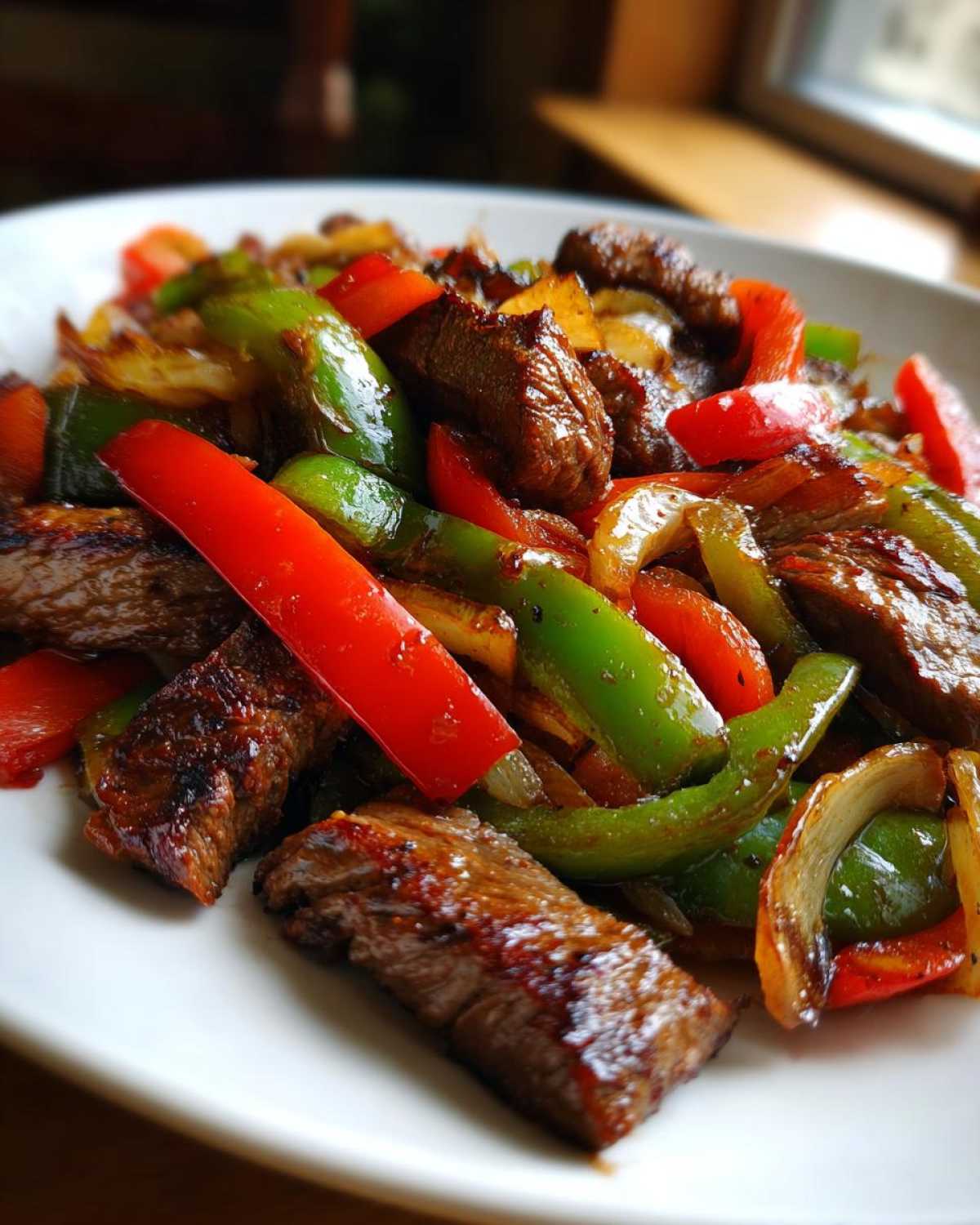 Close-up of juicy steak fajitas mixed with vibrant red and green bell peppers and onions on a white plate.