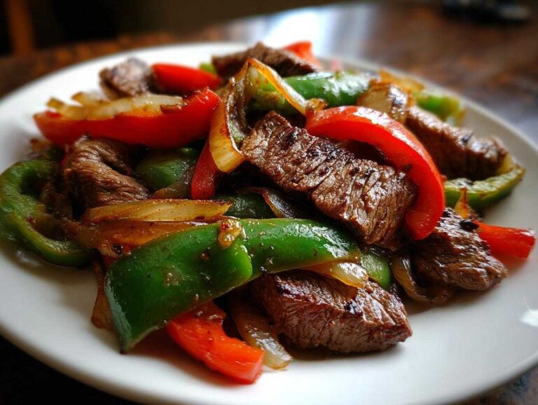Close-up of sizzling steak fajitas featuring seared beef strips, green bell peppers, and red peppers.