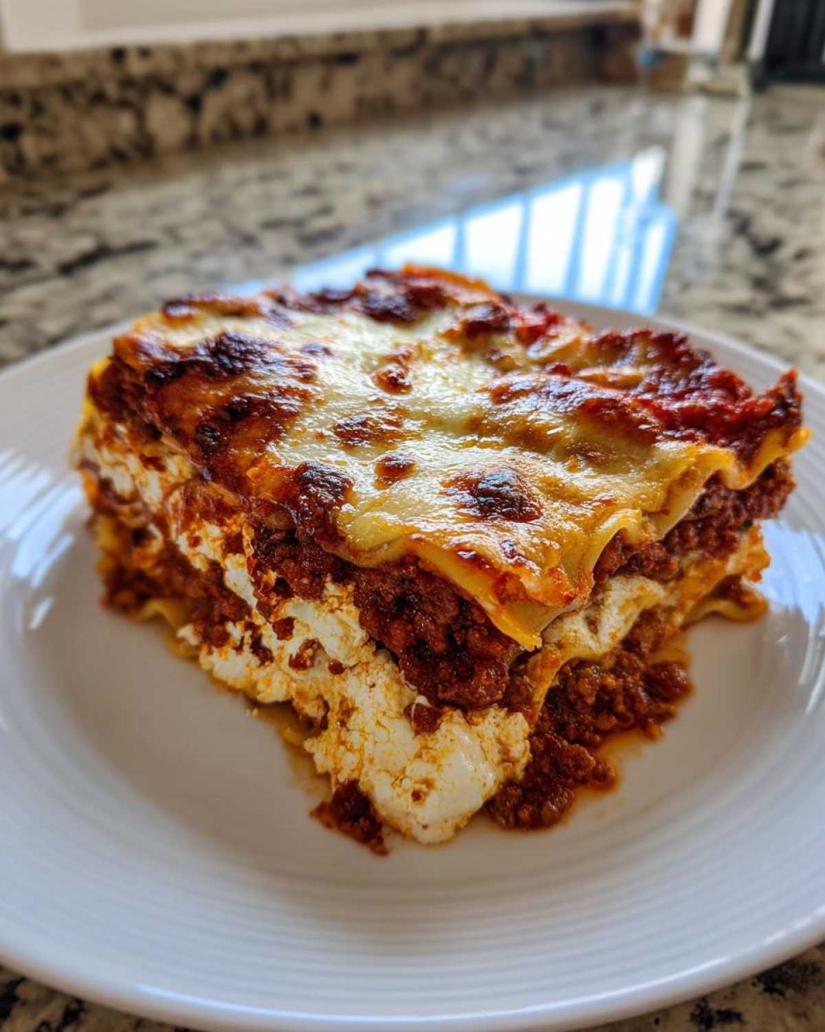 A close-up of a hearty slice of Lasagna with Cottage Cheese, showing rich meat sauce and baked cheese topping.
