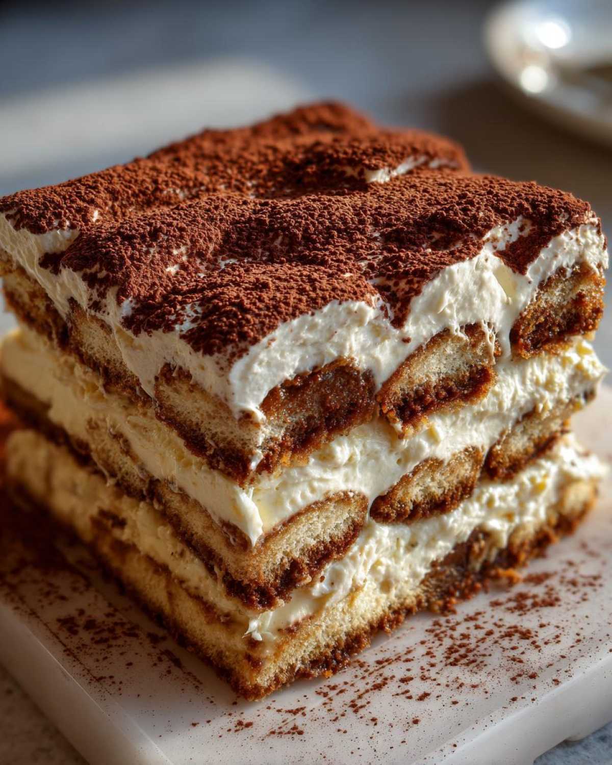Close-up of a rich, layered tiramisu recipe slice dusted heavily with cocoa powder.
