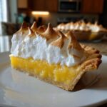 A close-up slice of lemon meringue pie showing bright yellow filling and tall, toasted meringue peaks.