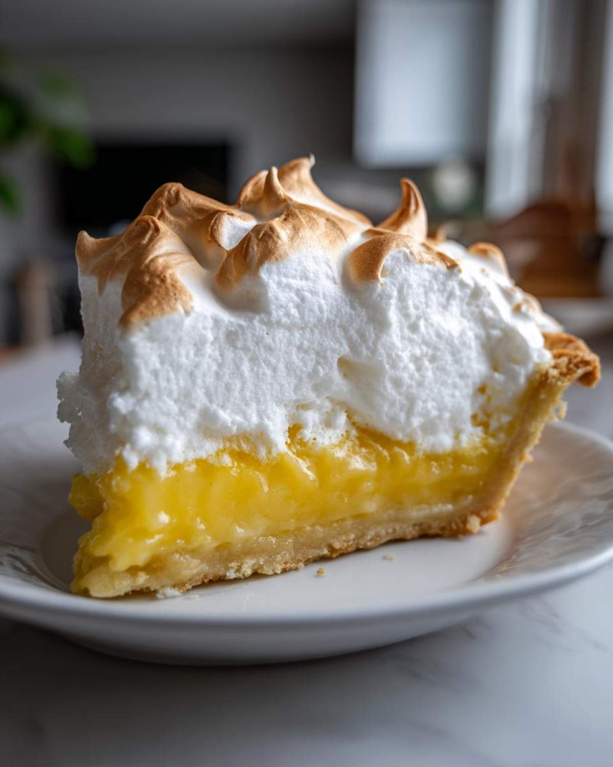A close-up of a tall slice of lemon meringue pie showing bright yellow filling and perfectly toasted meringue peaks.
