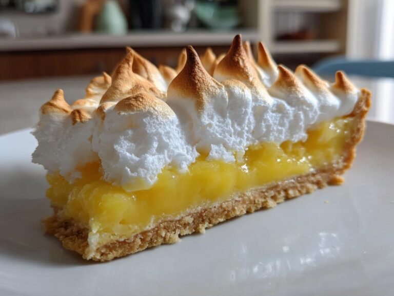 A close-up slice of lemon meringue pie showing bright yellow curd, crust, and perfectly peaked, toasted meringue.