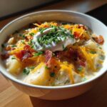 A close-up of a hearty bowl of Loaded Baked Potato Soup topped with sour cream, shredded cheddar, bacon, and chives.